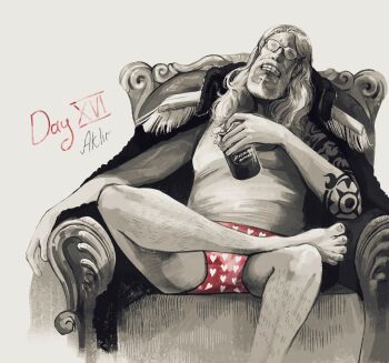 Rule 34 | aklirkiefer, arm tattoo, armchair, barefoot, beard, black coat, chair, coat, coat on shoulders, crossed legs, cup, english text, epaulettes, facial hair, glass, glasses, heart, heart print, highres, holding, holding cup, inktober, leg hair, long hair, male focus, male underwear, mature male, mustache, no pants, one piece, red male underwear, shepherd sommers, sideburns, sitting, tank top, tattoo, teeth, underwear, white hair, white tank top