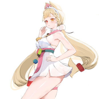 1girl absurdres alice_thymefield alice_thymefield_(sea_of_thyme) animal_ears bare_shoulders belt blonde_hair blush bracelet breasts cleavage closed_mouth collar commentary cowboy_shot dress_swimsuit english_commentary from_side hair_ornament hairband hand_on_own_hip heterochromia highres jewelry long_hair low_twintails medium_breasts official_alternate_costume one-piece_swimsuit rabbit_ears rabbit_girl red_eyes simple_background smurtz solo sphere_hair_ornament swimsuit thigh_strap twintails white_background white_hairband white_one-piece_swimsuit yellow_eyes zenless_zone_zero