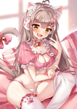 1girl :d ahoge animal_ear_fluff animal_ears bell blouse bow bowtie breasts brown_hair cat_cutout cat_ears cat_girl cat_tail choker cleavage cleavage_cutout clothing_cutout crop_top fang frilled_shirt frilled_thighhighs frills groin hand_up heart heart_ahoge highres indie_virtual_youtuber jingle_bell long_hair looking_at_viewer maid_headdress medium_breasts mole mole_under_eye myu_(vtuber) nail_polish navel open_mouth orange_eyes panties pillow pink_choker pink_nails pink_shirt shirt short_sleeves sitting smile solo squchan stomach string_panties striped_clothes striped_shirt tail tail_bow tail_ornament tail_raised thighhighs thighs underwear very_long_hair virtual_youtuber white_panties white_thighhighs