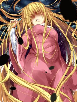 1girl blonde_hair breasts cloud cloudy_sky colored_inner_hair commentary_request coronzon_(toaru) cowboy_shot debris from_below hair_over_eyes highres laura_stuart long_hair long_sidelocks long_sleeves medium_breasts multicolored_hair nightgown open_mouth overcast partial_commentary pink_nightgown shin_(highest1192) sidelocks sky solo teeth toaru_majutsu_no_index toaru_majutsu_no_index:_new_testament upper_teeth_only very_long_hair very_long_sidelocks