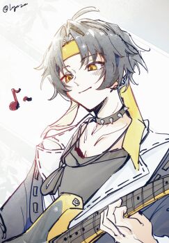 1boy ahoge alternate_costume asaba_harumasa black_hair black_shirt blue_jacket blush collar collarbone commentary earrings electric_guitar guitar headband highres holding holding_guitar holding_instrument instrument jacket jewelry lynzee8385 male_focus music musical_note necklace parted_bangs playing_guitar playing_instrument shirt short_hair solo spiked_collar spikes twitter_username upper_body white_background white_shirt yellow_eyes yellow_headband zenless_zone_zero