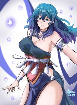 1girl absurdres ancient_greek_clothes armlet armpits black_dress blue_eyes blue_hair blush breasts choker_jewel cleavage dancer dancer_(fire_emblem:_three_houses) dress female_byleth_(fire_emblem) fire_emblem fire_emblem:_three_houses gem greco-roman_clothes hair_between_eyes highres jewelry kaen_(yoltablaze) large_breasts long_hair looking_at_viewer nintendo open_mouth parted_lips pelvic_curtain red_gemstone simple_background single-shoulder_dress smile solo thighs