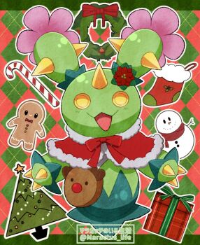 Rule 34 | :d, argyle background, bow, box, candy, candy cane, capelet, christmas stocking, christmas tree, christmas wreath, flower, food, fur trim, gen 5 pokemon, gift, gift box, gingerbread man, green background, hachimituzuke, highres, maractus, nintendo, open mouth, poinsettia, pokemon, pokemon (creature), red background, red bow, red capelet, smile, snowman, solo, twitter username, wreath, yellow eyes