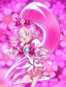 Rule 34 | 1girl, :d, artist name, boots, bottle, bow, brooch, cherry blossom background, cherry blossoms, chest bow, choker, clenched hand, commentary, cowboy shot, cure blossom, cure nico, curly sidelocks, dress, earrings, floral background, floral dress, flower, flower earrings, frilled wrist cuffs, frills, hair bow, hair ornament, hanasaki tsubomi, hand up, heart, heart brooch, heartcatch precure!, high heel boots, high heels, high ponytail, highres, jewelry, knee boots, leg up, long hair, looking at viewer, magical girl, multicolored boots, multicolored dress, official style, open mouth, parted bangs, perfume bottle, pink background, pink boots, pink bow, pink choker, pink dress, pink eyes, pink flower, pink theme, pink wrist cuffs, ponytail, pouch, precure, puffy short sleeves, puffy sleeves, short dress, short sleeves, smile, solo, two-tone boots, two-tone dress, umakoshi yoshihiko (style), very long hair, waving, white boots, white dress, wrist cuffs