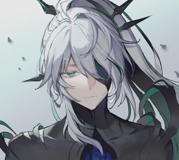 1boy absurdres ahoge ainchase_ishmael asymmetrical_sidelocks closed_mouth colored_inner_hair elsword expressionless eyepatch frown green_eyes green_hair hair_over_one_eye herrscher_(elsword) high_ponytail highres long_hair looking_at_viewer male_focus multicolored_hair ponytail sidelocks simple_background single_sidelock solo uni2874 upper_body very_long_hair white_background white_hair