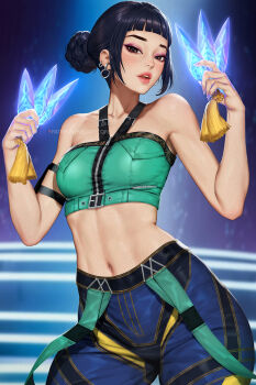 1girl black_hair commentary crop_top dagger earrings english_commentary eyeshadow glowing glowing_weapon hair_bun highres holding holding_dagger holding_knife holding_weapon jewelry knife kpop_demon_hunters looking_at_viewer makeup navel neoartcore paid_reward_available short_bangs sleeveless solo stomach teeth upper_teeth_only weapon zoey_(kpop_demon_hunters)