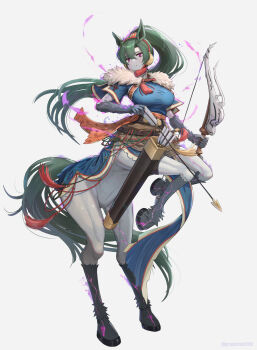 1girl absurdres alternate_form animal_ears arrow_(projectile) aura blue_dress bow_(weapon) breasts centaur dark_aura dark_persona dress fire_emblem fire_emblem:_the_blazing_blade fire_emblem_heroes fire_emblem_shadows full_body fur_trim gonzarez green_hair hair_ornament hairband high_ponytail highres holding holding_arrow holding_bow_(weapon) holding_weapon horse_ears horse_girl large_breasts long_hair looking_at_viewer lyn_(fire_emblem) lyn_(plains_wind)_(fire_emblem) monster_girl monsterification nintendo parted_lips ponytail purple_eyes quiver rearing red_hairband short_sleeves simple_background sky solo tassel tassel_hair_ornament taur very_long_hair weapon white_background