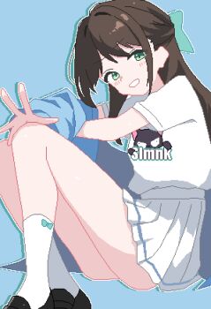 1girl airi_(band)_(blue_archive) airi_(blue_archive) animal_print aqua_bow bare_legs black_shoes blue_archive blue_background blue_coat bow brown_hair cat_print coat coat_partially_removed commentary_request drop_shadow feet_out_of_frame footwear_bow green_eyes grin hair_bow half_updo highres knees_up loafers long_hair looking_at_viewer looking_to_the_side miniskirt pixel_art pleated_skirt print_shirt shirt shirt_tucked_in shoes short_sleeves simple_background sitting skirt slmnk10124 smile socks solo straight_hair t-shirt turning_head white_shirt white_skirt white_socks