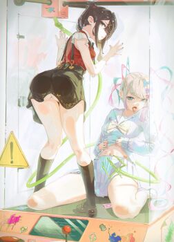 2girls absurdres against_glass ame-chan_(needy_girl_overdose) ass ass_on_glass ass_press black_hair blonde_hair blue_eyes blue_hair blue_serafuku body_writing chouzetsusaikawa_tenshi-chan commentary controller crane_game dual_persona dudrinm full_body hair_ornament hair_over_one_eye highres joystick long_hair looking_at_viewer midriff_peek multicolored_hair multiple_girls navel needy_girl_overdose pink_hair quad_tails red_shirt sailor_collar school_uniform serafuku shirt sitting skirt suspender_skirt suspenders tongue tongue_out twintails untranslatable_commentary wariza x_hair_ornament