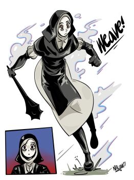 1girl artist_name black_capelet black_gloves black_hood boots capelet commentary cropped_legs dress dynamic_pose elbow_gloves elden_ring elden_ring_nightreign energy english_commentary flanged_mace full_body gameplay_mechanics gloves grass highres holding holding_mace holding_weapon inset jewelry looking_to_the_side mace multiple_views naluxk necklace o_o pale_skin portrait puffy_sleeves red_eyes signature solo standing standing_on_one_leg undertaker_(elden_ring) weapon white_background white_dress