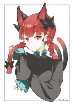 Rule 34 | 1girl, :3, animal ears, black border, black bow, black dress, blunt bangs, border, bow, braid, cat ears, cat girl, cat tail, closed mouth, commentary request, dated, dress, extra ears, frilled dress, frills, green trim, hair bow, highres, holding, holding own hair, kaenbyou rin, kumateya, light smile, long hair, long sleeves, multiple tails, red eyes, signature, simple background, sleeves past wrists, solo, tail, touhou, twin braids, upper body, white background