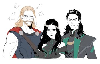 1girl 2boys ? armor arrow_(symbol) bare_shoulders beard belt black_armor black_dress black_eyes black_hair black_lips blonde_hair blush breastplate breasts brother_and_sister brothers brown_belt cape closed_eyes closed_mouth commentary dress eyeshadow facial_hair green_vest grey_eyeshadow happy hela_(marvel) highres lapels loki_(marvel) long_hair long_sleeves looking_at_viewer makeup marvel mcnn0000 medium_breasts medium_hair multiple_boys muscular muscular_male off-shoulder_dress off_shoulder open_clothes open_mouth open_vest pale_skin red_cape short_sleeves siblings sidelocks simple_background smile symbol-only_commentary thor:_ragnarok thor_(marvel) thor_(marvel)_(series) upper_body v-shaped_eyebrows vest wavy_hair white_background