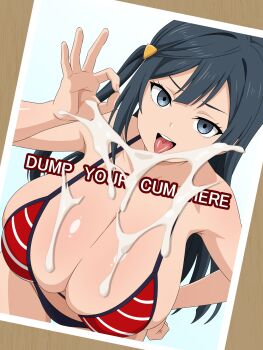 1girl absurdres bikini black_hair breasts cum_on_object cum_on_photo cum_tribute cumtribute english_text grey_eyes handjob_gesture highres huge_breasts japanese_text long_hair love_live! love_live!_nijigasaki_high_school_idol_club migikoba smile swimsuit translated white_background yuki_setsuna
