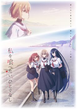 3girls :d absurdres bag black_skirt black_socks blonde_hair blue_hair blue_skirt breasts brown_eyes brown_hair closed_eyes closed_mouth copyright_notice full_body hair_between_eyes hair_ornament hairclip highres key_visual kneehighs loafers long_hair long_skirt multiple_girls neckerchief ocean official_art open_mouth oumi_shiori outdoors pantyhose pleated_skirt promotional_art red_eyes red_hair red_neckerchief road sailor_collar school_bag school_uniform serafuku shirt shoes short_hair short_sleeves shoulder_bag skirt smile socks very_long_hair walking watashi_wo_tabetai_hitodenashi white_sailor_collar white_shirt yaotose_hinako yashiro_miko
