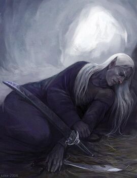1boy blanket dark_elf drizzt_do&#039;urden drow elf julax long_hair male_focus pointy_ears scimitar sleeping solo sword weapon white_hair