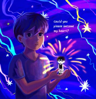 2boys alternate_costume antenna_hair black_eyes black_hair black_shirt black_socks black_tank_top bright_pupils closed_mouth colored_skin double-parted_bangs dual_persona english_text hair_between_eyes highres looking_at_viewer male_focus mini_person miniboy multiple_boys omori omori_(omori) rolover10 shirt short_hair short_sleeves shorts socks striped_clothes striped_shorts sunny_(omori) t-shirt tank_top vertical-striped_clothes vertical-striped_shorts white_pupils white_shorts white_skin