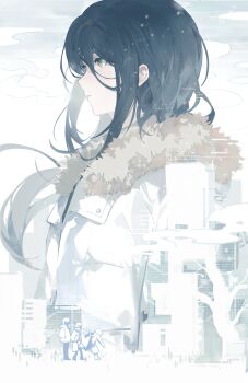 Rule 34 | 1girl, abstract, absurdres, black hair, commentary, from side, fur-trimmed jacket, fur trim, green eyes, highres, ira grachevskaya, jacket, long hair, looking afar, narakuuu, parted lips, untranslatable commentary, teeth, upper body, white jacket, z.a.t.o. // i love the world and everything in it