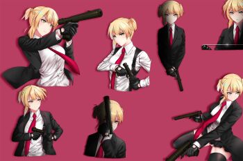 Rule 34 | 1girl, agent 47, artist request, black jacket, black skirt, blonde hair, bolt action, breasts, commentary, cosplay, dual wielding, english commentary, female focus, garrote, girls' frontline, green eyes, gun, handgun, highres, hitman (game), holding, holster, holstered, integral suppressor, integrally-suppressed firearm, jacket, manual firearm, necktie, parody, pink background, red necktie, shirt, short twintails, skirt, solo, suppressor, twintails, unworn jacket, weapon, welrod, welrod mk ii, welrod mkii (girls' frontline), white shirt