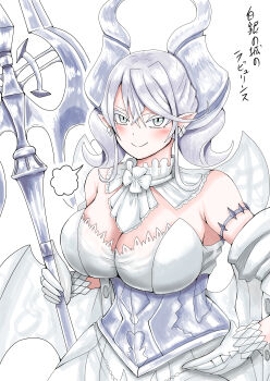 1girl absurdres armored_corset bare_shoulders blush breasts cleavage corset demon_girl demon_horns demon_wings dress drill_hair duel_monster earrings gloves grey_corset grey_eyes grey_hair hand_on_own_hip highres holding holding_weapon honke_ganso horns jewelry large_breasts looking_at_viewer lovely_labrynth_of_the_silver_castle low_wings multiple_wings pointy_ears puff_of_air simple_background smile solo translation_request transparent_wings twin_drills weapon white_background white_dress white_horns wings yu-gi-oh!