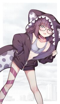 1girl animal_hood black-framed_eyewear choker commentary fallenshadow feet_out_of_frame glasses grey_panties grey_sports_bra hair_ornament highres hood hoodie indie_virtual_youtuber legs_apart looking_at_viewer medium_hair navel no_pants no_shirt open_mouth panties panty_peek partially_unzipped petite pettan_(zeez4743) purple_choker purple_hair purple_hoodie smile solo sports_bra standing stomach underwear virtual_youtuber wispy_bangs x_hair_ornament