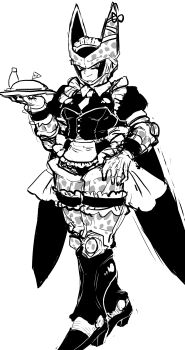 1boy absurdres apron back_bow bow cell_(dragon_ball) closed_mouth crossdressing crossdressing_(mtf) detached_collar dragon_ball dragonball_z food frilled_apron frilled_headband frilled_leotard frilled_sleeves frilled_thigh_strap frilled_wrist_cuffs frills full_body greyscale hand_on_own_hip hand_up highres holding holding_plate ketchup ketchup_bottle leotard looking_at_viewer maid maid_apron maid_headdress maid_leotard male_focus male_maid monochrome necktie obata2nd omelet pectoral_cleavage pectorals perfect_cell plate puffy_short_sleeves puffy_sleeves red_ribbon_army ribbon short_sleeves simple_background slip-on_shoes smile smug solo spots strapless strapless_leotard thigh_strap unconventional_maid vest white_background wings wrist_cuffs