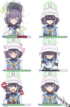 Rule 34 | 1girl, ?, anger vein, angry, animal collar, animal ear headwear, animal ears, aqua eyes, black gloves, black hair, blindfold, blue archive, blue sailor collar, blush, bucket hat, chain, chain leash, clenched hand, clenched teeth, closed eyes, closed mouth, collar, commentary, crossed arms, crying, english text, facing viewer, fake animal ears, frown, furrowed brow, gloves, green halo, halo, hand up, hands up, hat, health bar, heart, heart-shaped pupils, highres, leash, long sleeves, looking at viewer, lovestruck, multiple views, neckerchief, nose blush, open mouth, peppo-mk3, rabbit ears, sailor collar, saki (blue archive), scared, school uniform, serafuku, short hair, simple background, sweat, symbol-shaped pupils, tears, teeth, trembling, tsurime, upper body, v-shaped eyebrows, viewer holding leash, white background, white hat, yellow neckerchief
