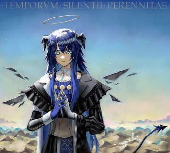 1girl absurdres ambience_synesthesia arknights asymmetrical_dress asymmetrical_gloves asymmetrical_sleeves black_dress black_horns black_tail black_wings blue_dress blue_eyes blue_gloves blue_hair brown_corset collar corset demon_horns demon_tail detached_collar diamond_hair_ornament dress energy_wings eudaemonm gloves gradient_sky grey_gloves grey_halo halo highres horns latin_text layered_dress light_smile long_hair long_sidelocks long_sleeves looking_at_viewer mismatched_gloves mismatched_sleeves mostima_(arknights) mostima_(ethereal_harmony)_(arknights) outdoors own_hands_together pendant_collar puffy_long_sleeves puffy_sleeves sidelocks single_wide_sleeve sky solo star_(sky) straight-on swept_bangs tail traditional_halo translation_request upper_body white_collar white_dress wings