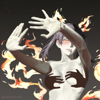 1girl absurdres animal_ears artist_name black_hair blush breasts bright_pupils cat_ears cat_tail commentary embarrassed en'en_no_shouboutai english_commentary fiery_ears fiery_tail fire gradient_background grey_background hand_shadow_covering_breasts_(meme) highres large_breasts long_hair meme orange_eyes parted_lips signature sleemonkv solo tail tamaki_kotatsu tearing_up twintails white_pupils
