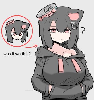 Rule 34 | 1girl, :/, ?, animal ears, arrow (symbol), black hair, black hoodie, breasts, can pull tab, cat ears, english text, hands in pockets, highres, hood, hoodie, huge breasts, original, pink hair, single animal ear, solo, sweatdrop, tuna (tunaplus c), tunaplus c, upper body