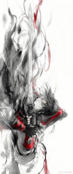 1boy absurdres artist_name black_cloak black_gloves black_hair black_hanfu chinese_clothes cloak closed_mouth faux_traditional_media fighting_stance fingerless_gloves floating_clothes floating_hair gloves greyscale hair_ribbon hanfu highres holding holding_sword holding_weapon ink_wash_painting jian_(weapon) long_hair long_sleeves looking_at_viewer male_focus modao_zushi monochrome ponytail qian_qiu_feng_xue red_ribbon ribbon robe sideways simple_background solo spot_color sword watermark weapon wei_wuxian weibo_watermark white_background wide_sleeves