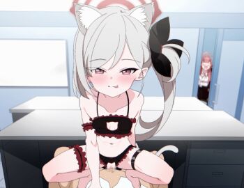 1boy 2girls :q angie_(meganekko-geki-love-1008) animal_ears animated animated_gif aru_(blue_archive) blue_archive blush cat_bra cat_ears censored clothing_cutout cowgirl_position crotch_cutout erection flat_chest girl_on_top grey_hair halo hetero lingerie loli long_hair looking_at_viewer mosaic_censoring multiple_girls mutsuki_(blue_archive) penis pink_eyes pov sex side_ponytail straddling tongue tongue_out underwear vaginal voyeurism