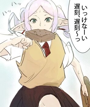 1girl bread commentary_request earrings elf food frieren green_eyes higemu highres jewelry late_for_school pointy_ears school_uniform sousou_no_frieren speech_bubble teardrop_earrings twintails
