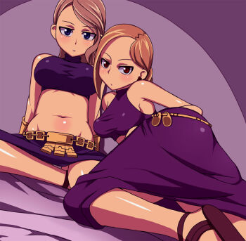 2girls all_fours ass assassin bare_shoulders belt blue_eyes blush breasts brown_eyes brown_hair buckle celia dutch_angle final_fantasy final_fantasy_tactics large_breasts lettie looking_at_viewer midriff multiple_girls nanakura_nanane navel short_hair skirt spread_legs stomach