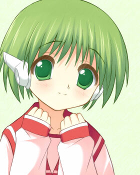 1girl blush closed_mouth collarbone feet_out_of_frame female_focus green_eyes green_hair happy highres long_sleeves looking_at_viewer multi_(to_heart) red_ribbon red_sailor_collar ribbon robot_ears robot_girl sailor_collar school_uniform serafuku shirt short_hair simple_background smile solo to_heart to_heart_(series) white_background white_shirt