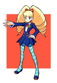1girl blonde_hair blue_dress blue_pantyhose bow commentary_request dress drill_hair hair_bow hand_on_own_hip long_hair luna_platz_(mega_man) mega_man_(series) mega_man_star_force_(series) pantyhose smile striped_clothes striped_pantyhose ttmas twin_drills
