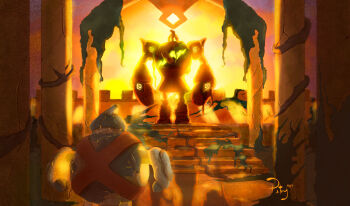 artist_name commentary crack english_commentary evolutionary_line from_behind full_body gen_5_pokemon golett golurk moss nintendo petryart pillar pokemon pokemon_(creature) pokemon_focus ruins stairs standing