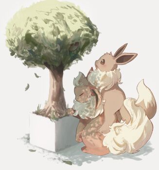 absurdres animal_focus blush brown_fur closed_eyes closed_mouth flareon gen_1_pokemon highres neck_fur nintendo no_humans open_mouth orange_fur pokemon pokemon_(creature) pokemon_focus standing_on_another&#039;s_back suna_k0nbu tail tree yellow_fur