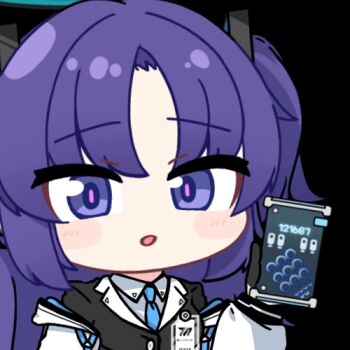 1girl acomu414 animated animated_gif black_gloves black_halo black_jacket blue_archive blue_halo blue_necktie cellphone collared_shirt gloves halo holding holding_phone jacket long_hair lowres mechanical_halo multicolored_halo necktie open_mouth phone purple_eyes purple_hair shirt simple_background smartphone solo transparent_background two-tone_halo two_side_up white_jacket white_shirt yuuka_(blue_archive)