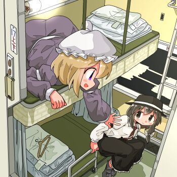 2girls bed black_hat black_sleeves blonde_hair blush brown_eyes brown_hair brown_necktie bunk_bed closed_mouth clothes_hanger collared_shirt commentary_request curtains dress frilled_skirt frills hat indoors kasuya_baian long_sleeves looking_at_another maribel_hearn medium_hair mob_cap multiple_girls necktie on_bed open_mouth partial_commentary purple_dress purple_eyes shirt sitting skirt smile touhou usami_renko white_hat white_shirt window