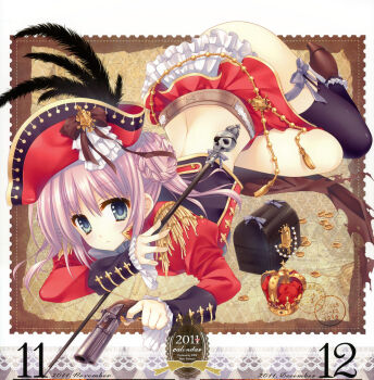 00s 1girl 2011 ass back black_thighhighs blue_eyes blush braid brown_footwear calendar coin crown dated december eyepatch feathers gold green_eyes gun handgun hat hat_feather high_heels highres holding jacket long_hair long_sleeves looking_at_viewer lying map microskirt midriff miniskirt november pink_hair pirate pirate_costume pirate_hat pistol red_headwear red_jacket red_skirt shoes skirt skull source_request staff tatekawa_mako thigh_strap thighhighs top-down_bottom-up treasure_chest twin_braids twintails weapon wnb_mark