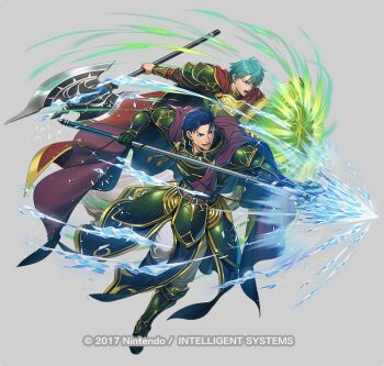 Rule 34 | 2boys, aqua eyes, armor, axe, battle axe, belt, blue eyes, blue hair, boots, cape, commentary request, cosplay, ephraim (fire emblem), ephraim (sacred twin lord) (fire emblem), fado (fire emblem), fado (fire emblem) (cosplay), fighting stance, fire emblem, fire emblem: the blazing blade, fire emblem: the sacred stones, fire emblem heroes, full body, gauntlets, green armor, hector (brave warrior) (fire emblem), hector (fire emblem), holding, holding axe, holding polearm, holding shield, holding weapon, kuren, loincloth, male focus, maltet (fire emblem), multiple boys, nintendo, official alternate costume, official art, open mouth, pants, polearm, purple cape, shield, short hair, shoulder armor, smile, spear, uther (fire emblem), uther (fire emblem) (cosplay), weapon