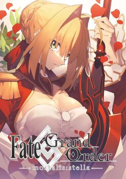 1girl artist_request blonde_hair breasts cleavage fate/extra fate/grand_order fate_(series) flower green_eyes highres large_breasts looking_at_viewer nero_claudius_(fate) nero_claudius_(fate/extra) official_art source_request sword tagme weapon