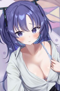 1girl :| blue_archive blue_bra blush bra breasts closed_mouth collarbone commentary furrowed_brow halo highres lace lace-trimmed_bra lace_trim long_hair looking_at_viewer medium_breasts panda_90321 purple_eyes purple_hair shirt solo two_side_up underwear upper_body very_long_hair white_shirt yuuka_(blue_archive)
