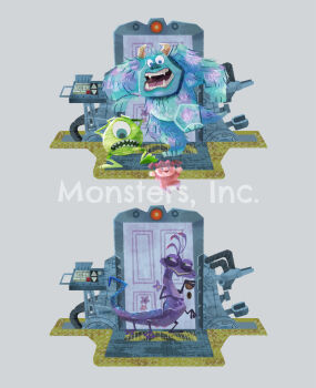 Rule 34 | 1girl, 3boys, absurdres, boo (monsters inc.), colored skin, commentary request, cyclops, extra legs, green eyes, highres, horns, james p. sullivan, lizard tail, male focus, mike wazowski, monsters inc., multiple boys, naco oekaki, one-eyed, open mouth, purple skin, randall boggs, reptile boy, sharp teeth, short hair, smile, tail, teeth