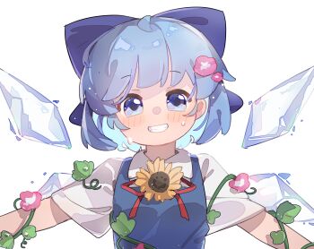 1girl absurdres blue_bow blue_eyes blue_hair blue_vest blush bow brooch chinese_commentary cirno collared_shirt commentary detached_wings flower flower_brooch grin gumingdi_ban hair_bow highres ice ice_wings jewelry looking_at_viewer morning_glory open_mouth pink_flower red_ribbon ribbon shirt short_hair short_sleeves simple_background smile solo sunflower sweat tanned_cirno touhou upper_body vest white_background white_shirt wings