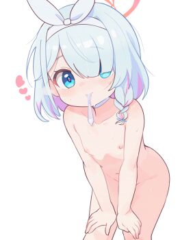 1girl absurdres arona_(blue_archive) blue_archive blue_eyes blue_hair blush bow bow_hairband choker collarbone colored_inner_hair commentary completely_nude condom condom_in_mouth cowboy_shot english_commentary female_focus flat_chest hair_over_one_eye hairband halo hands_on_own_knees heart heart_halo heart_in_eye highres implied_after_sex leaning_forward lk149 loli looking_at_viewer mouth_hold multicolored_hair navel nipples nude pink_hair red_halo short_hair simple_background solo sweat symbol_in_eye used_condom white_background white_bow white_choker white_hairband