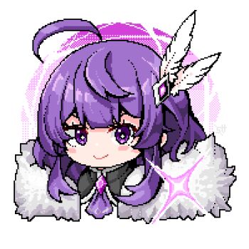 1girl adelaide_(vtuber) ahoge closed_mouth commentary cropped_shoulders english_commentary feathers fur_(clothing) hair_ornament highres indie_virtual_youtuber looking_at_viewer medium_hair pixel_art purple_eyes purple_hair saltnvalk smile solo virtual_youtuber white_background