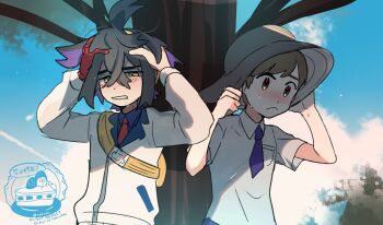 2boys animal_hands black_hair blue_necktie blue_shirt blue_sky blueberry_academy_school_uniform blush brown_eyes brown_hair collared_shirt crossed_bangs florian_(pokemon) gloves grey_hat hair_between_eyes hairband hat highres jacket kieran_(pokemon) long_sleeves looking_at_viewer male_focus mole mole_on_neck multicolored_hair multiple_boys necktie nintendo outdoors pokemon pokemon_sv purple_hair red_gloves red_necktie school_uniform shirt short_hair short_sleeves single_glove sky standing suikaels two-tone_hair upper_body uva_academy_school_uniform white_jacket yellow_bag yellow_eyes yellow_hairband