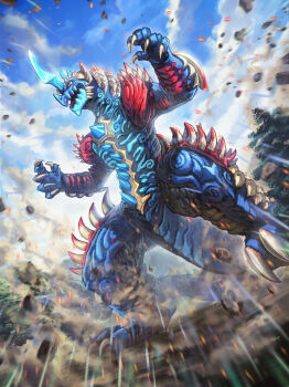 absurdres blue_gemstone blue_horns blue_skin blue_sky blurry chest_jewel claws cloud cloudy_sky colored_skin commentary crystal day debris depth_of_field dinosaur dust_cloud dutch_angle elbow_spikes emphasis_lines forest full_body gem highres horns kaiju legs_apart looking_down meteokaiju monster monster_focus mountainous_horizon multicolored_skin nature no_humans open_mouth outdoors red_skin rekiness robuja scales shoulder_spikes single_horn sky solo spiked_tail spikes standing tail tokusatsu tree tsuburaya_productions two-tone_skin ultra_series ultraman_omega_(series) yellow_eyes