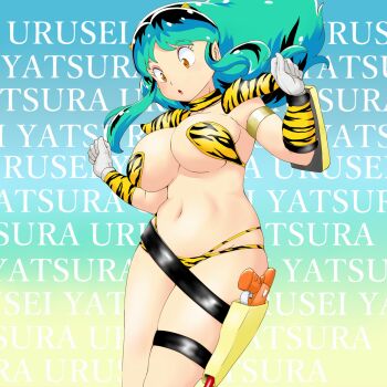 1girl animal_print bikini breasts commentary_request cone_horns copyright_name english_text epaulettes gloves gradient_background green_hair gun highres horns large_breasts long_hair lum navel official_alternate_costume oni plump pointy_ears skindentation small_horns solo strapless strapless_bikini striped_horns swimsuit tiger_print tof urusei_yatsura weapon yellow_bikini yellow_eyes yellow_horns